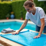 Femme posant une couverture solaire sur une table extérieure