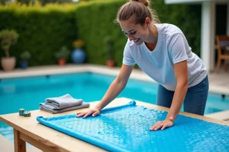 Femme posant une couverture solaire sur une table extérieure