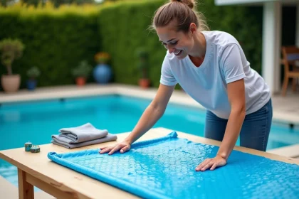 Femme posant une couverture solaire sur une table extérieure