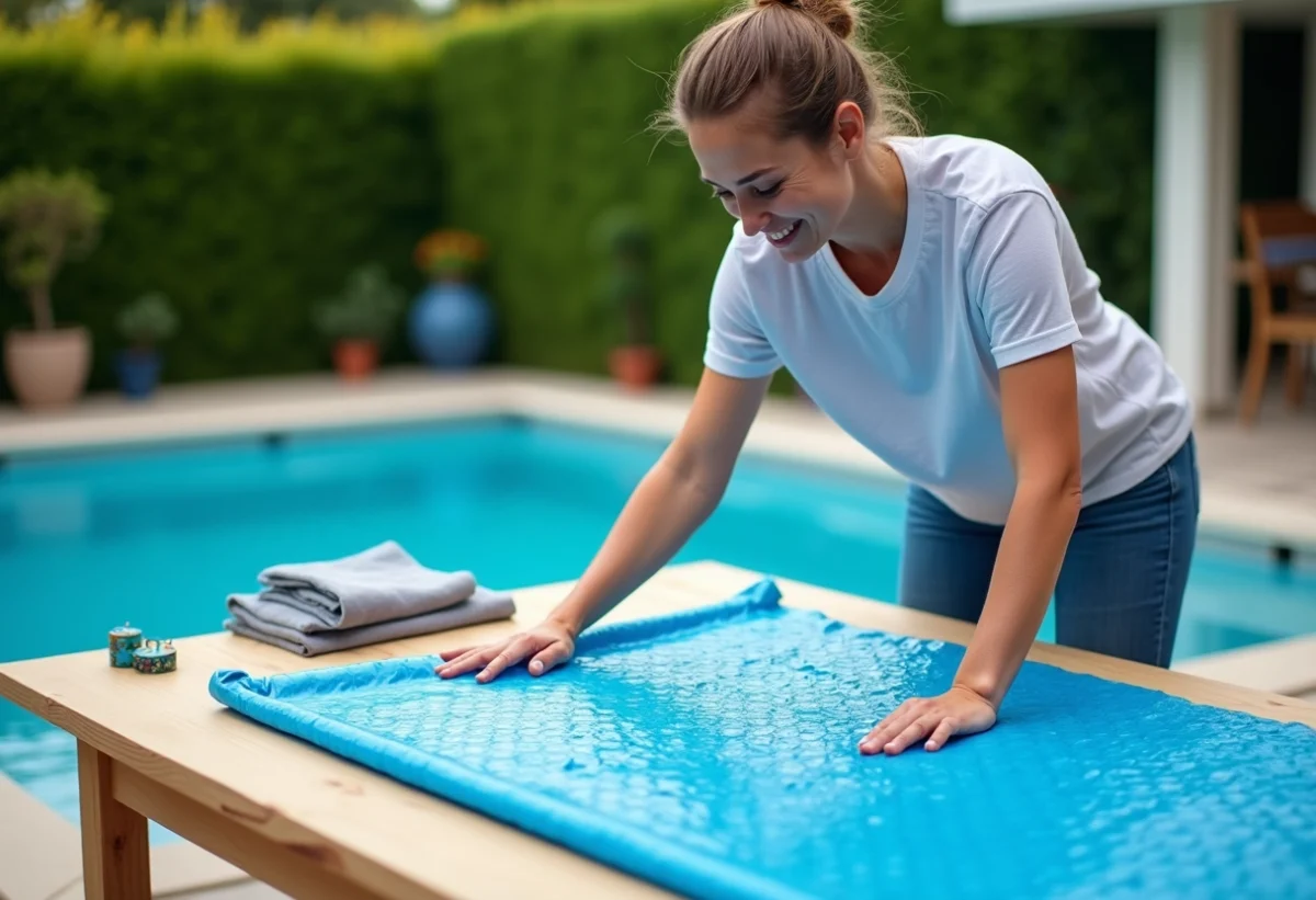 Femme posant une couverture solaire sur une table extérieure