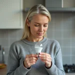 Femme examinant un culot de petite ampoule E14 dans une cuisine moderne, comparant les références avant achat