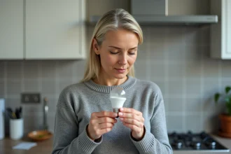 Femme examinant un culot de petite ampoule E14 dans une cuisine moderne, comparant les références avant achat