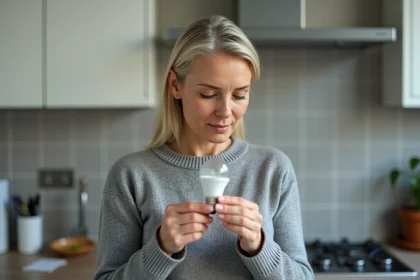 Femme examinant un culot de petite ampoule E14 dans une cuisine moderne, comparant les références avant achat