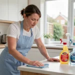 Femme de ménage professionnelle en tablier bleu nettoyant un plan de travail de cuisine moderne avec un chiffon microfibre
