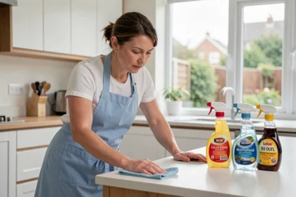 Femme de ménage professionnelle en tablier bleu nettoyant un plan de travail de cuisine moderne avec un chiffon microfibre