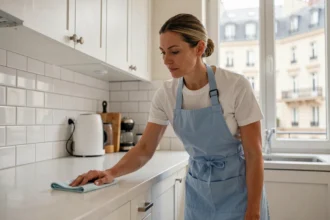 Femme de ménage professionnelle nettoyant un plan de travail dans un appartement moderne à Maisons-Alfort