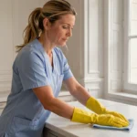 Femme de ménage professionnelle en uniforme bleu nettoyant un plan de travail dans un appartement à Reims
