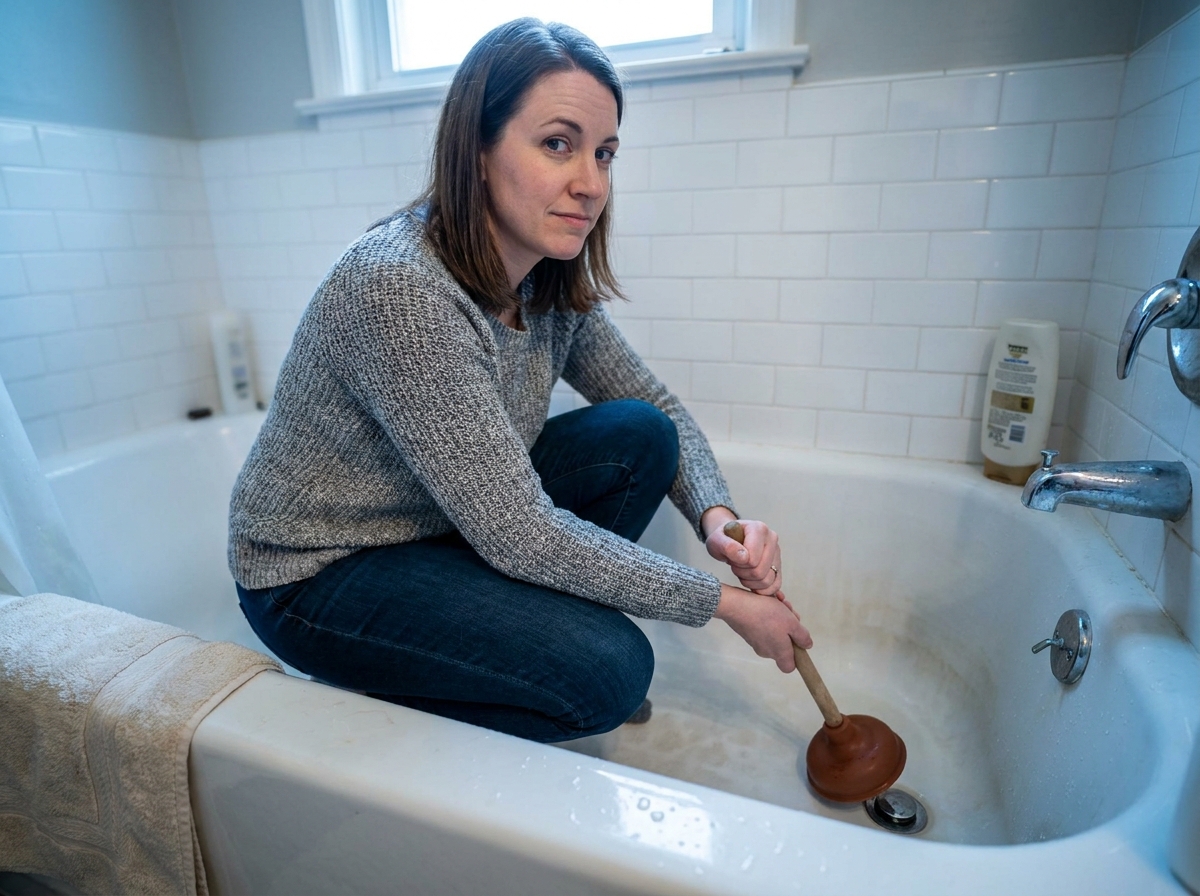 Femme utilisant une ventouse pour déboucher le siphon d'une baignoire