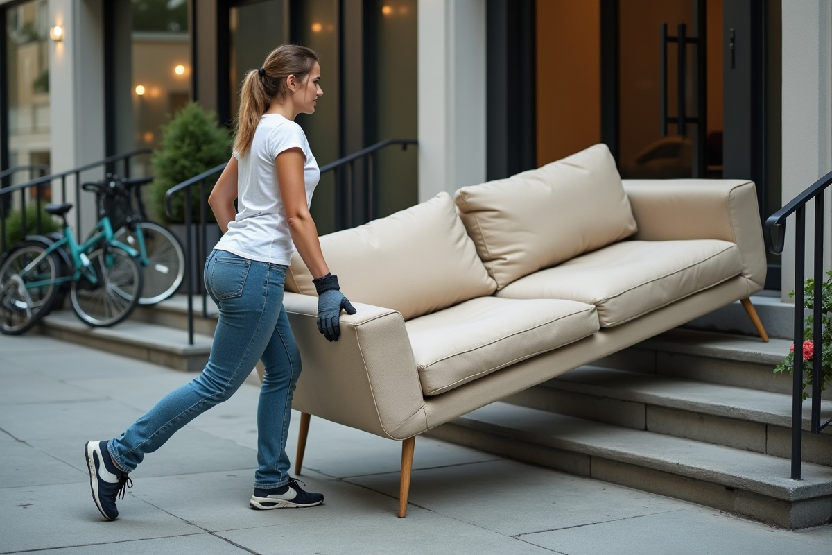 Femme portant un canapé dans un environnement urbain