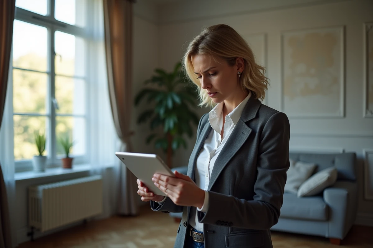 Femme consultant un site de devis en ligne sur tablette dans un appartement avec des murs à rénover