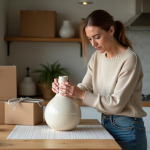 Femme emballant une vasque en céramique dans la cuisine