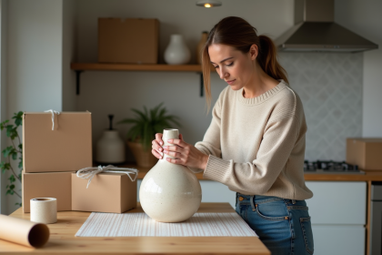 Femme emballant une vasque en céramique dans la cuisine
