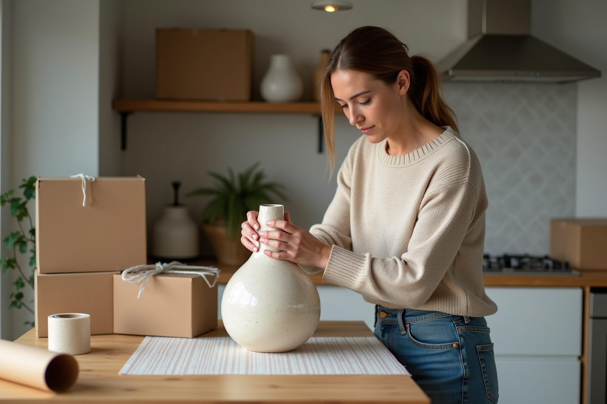 Femme emballant une vasque en céramique dans la cuisine