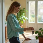 Femme dans une entrée de maison accueillante et décorée