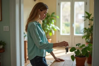 Femme dans une entrée de maison accueillante et décorée