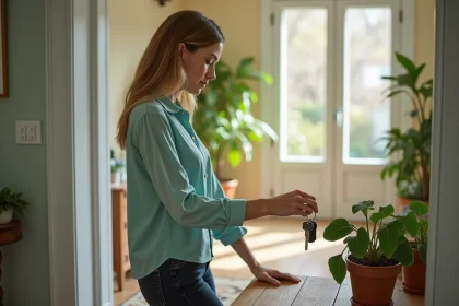 Femme dans une entrée de maison accueillante et décorée