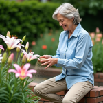 Femme en jardinage avec des lilas en fleurs