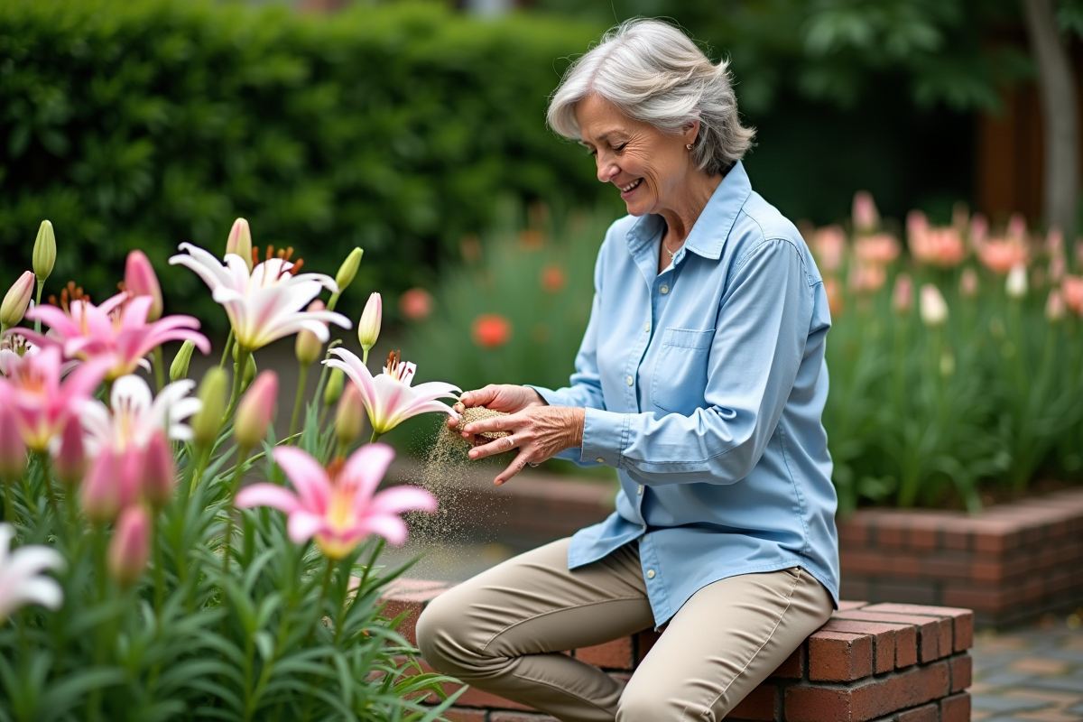 Femme en jardinage avec des lilas en fleurs