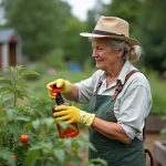 Femme en jardinage naturel avec spray de remède maison sur tomates