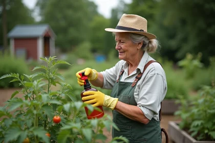 Femme en jardinage naturel avec spray de remède maison sur tomates