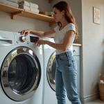Femme vérifiant un lave-linge dans une buanderie propre