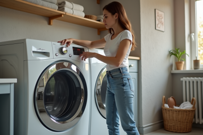 Femme vérifiant un lave-linge dans une buanderie propre