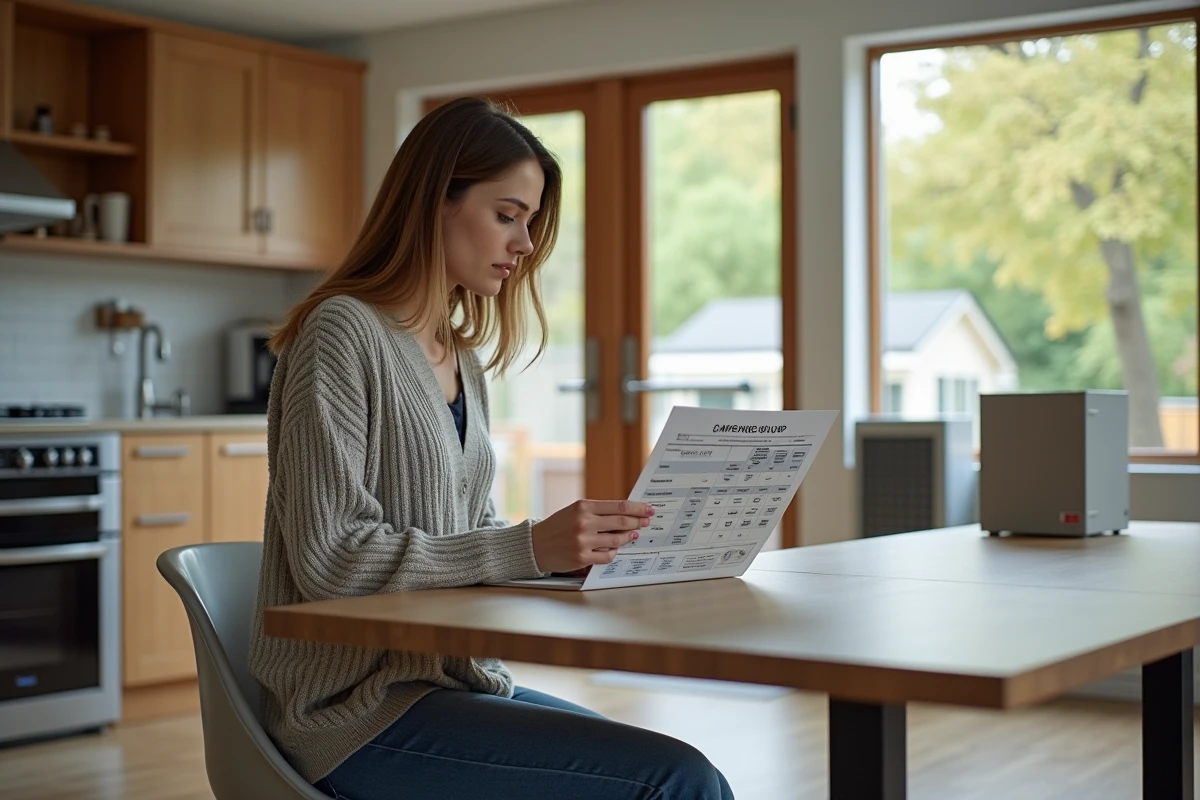 Jeune femme regardant un tableau comparatif de pompes à chaleur