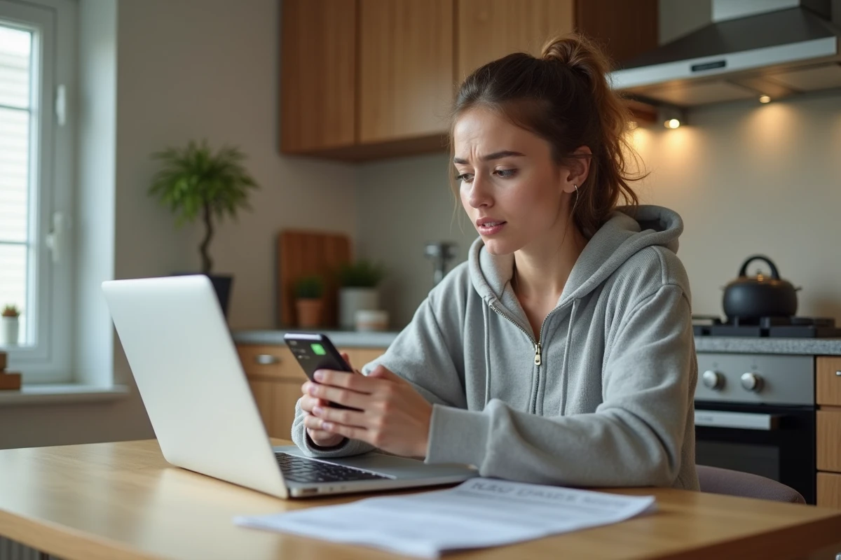 Jeune femme regardant un code erreur sur son smartphone dans la cuisine