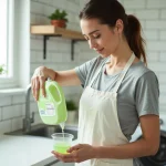 Femme versant une lessive liquide écologique dans un bouchon doseur devant une machine à laver moderne