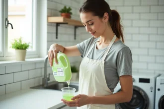 Femme versant une lessive liquide écologique dans un bouchon doseur devant une machine à laver moderne