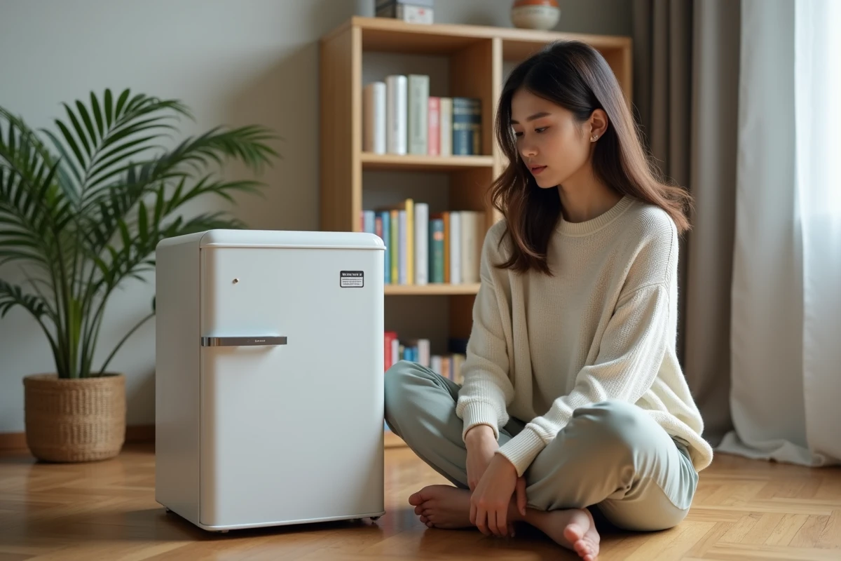 Jeune femme lisant une étiquette sur un mini frigo