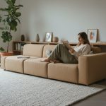 Femme lisant dans un salon minimaliste chaleureux