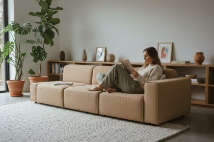 Femme lisant dans un salon minimaliste chaleureux