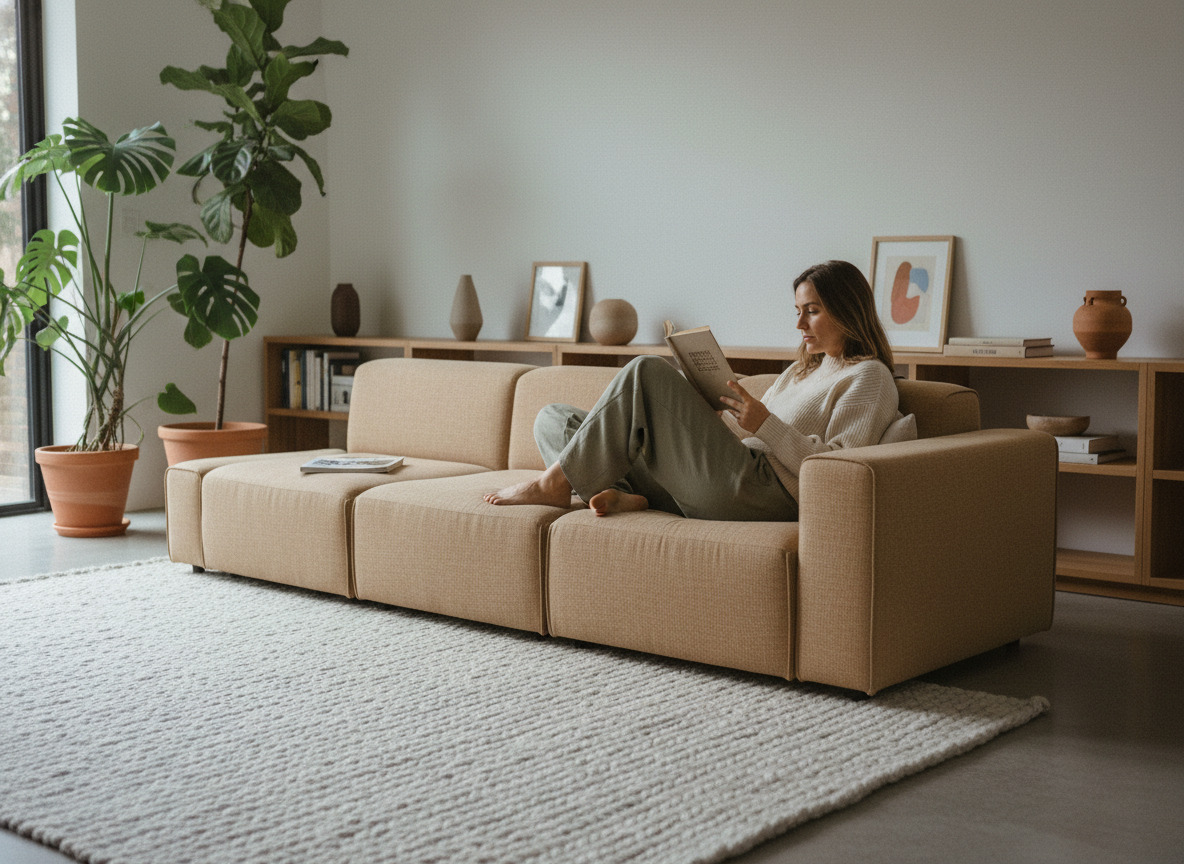 Femme lisant dans un salon minimaliste chaleureux