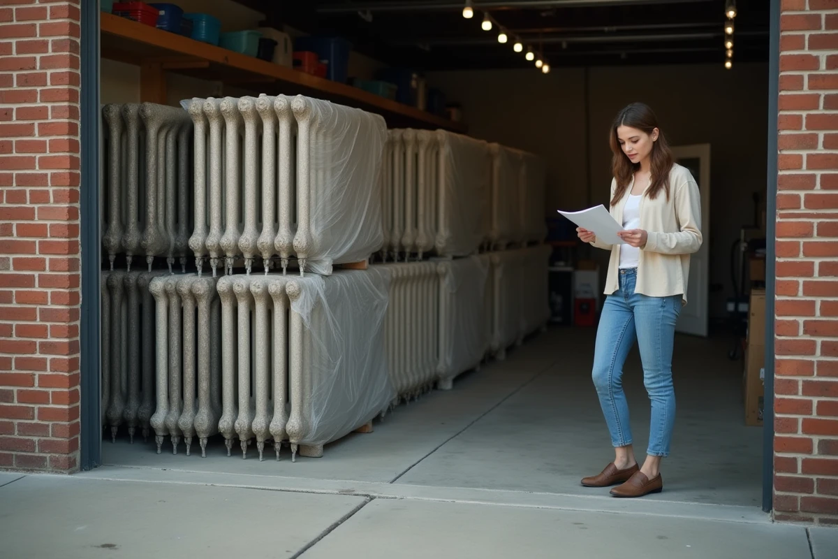 Jeune femme lisant une facture près de radiateurs en garage