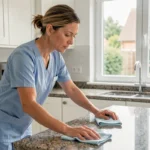 Femme de ménage professionnelle nettoyant le plan de travail d'une cuisine moderne à Mérignac