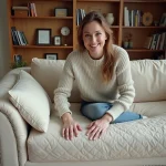 Femme posant une housse de canapé en tissu texturé