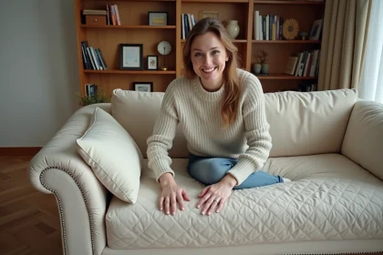 Femme posant une housse de canapé en tissu texturé