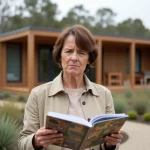 Femme regardant un catalogue devant une maison écologique