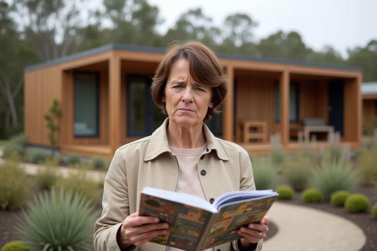 Femme regardant un catalogue devant une maison écologique