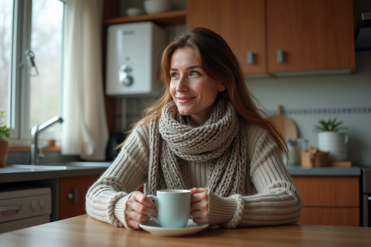 Femme dégustant une tisane dans une cuisine chaleureuse