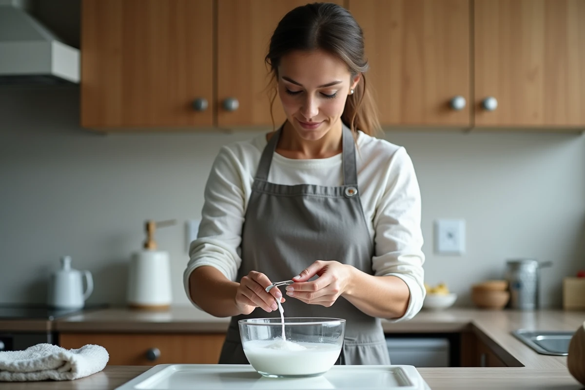 Femme nettoyant un bracelet en argent dans un mélange de vinaigre blanc et bicarbonate de soude dans une cuisine