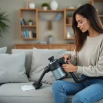 Femme utilisant un nettoyeur vapeur sur un canapé en tissu gris