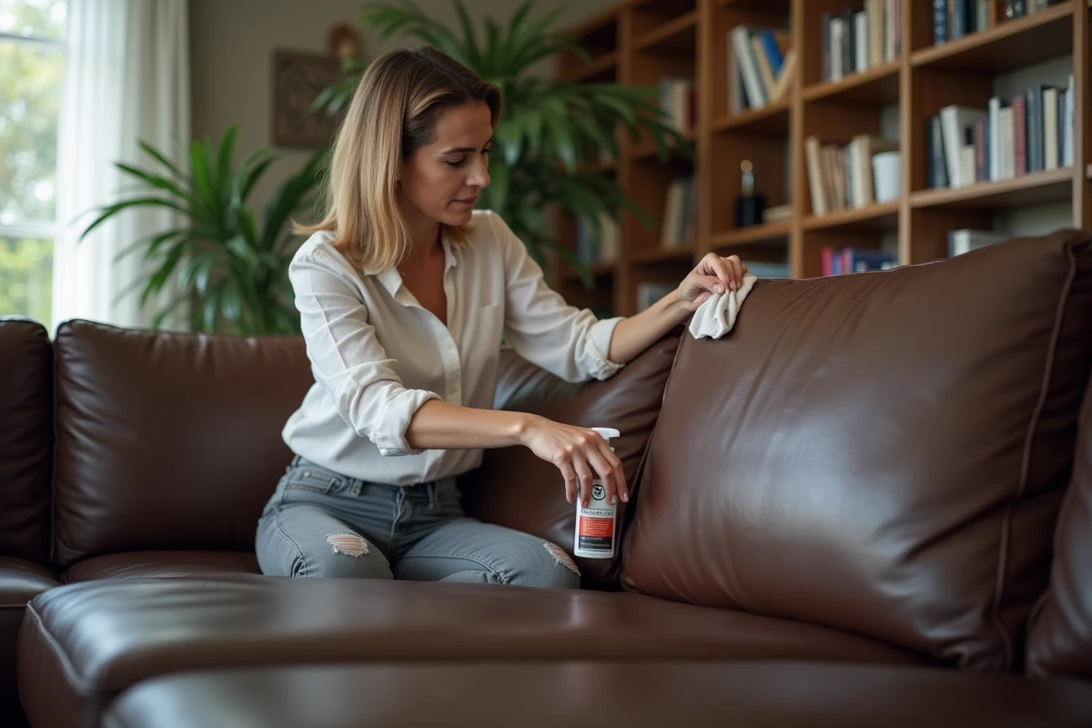 Femme inspectant un canapé en cuir abîmé avec un produit nettoyant à la main
