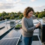 Femme vérifiant une batterie solaire sur le toit d'une maison