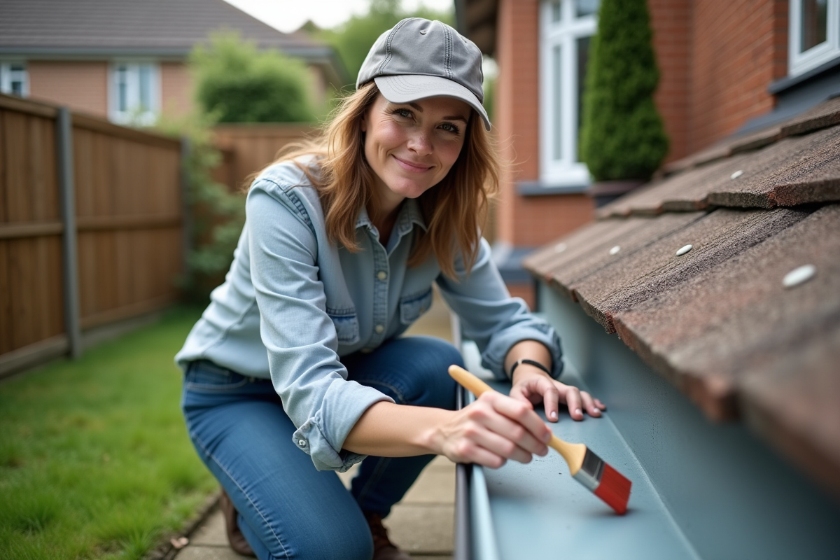 Femme en jeans et casquette retouchant une gouttière