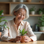Femme d'âge moyen plantant un jade dans un pot en terre cuite