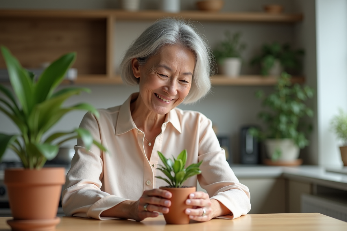 Femme d'âge moyen plantant un jade dans un pot en terre cuite