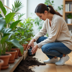 Femme ajustant un arrosage automatique parmi des plantes d'intérieur
