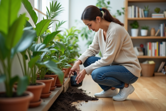 Femme ajustant un arrosage automatique parmi des plantes d'intérieur